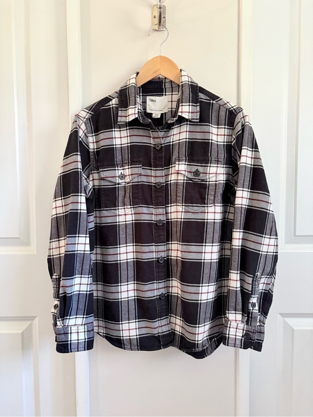Tilley Plaid Cotton Flannel Shirt Black Burgundy Cream Medium